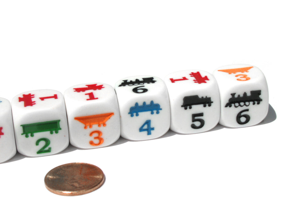 Set of 6 Train 18mm D6 Rounded Edge Dice - White with Multi-Color Etches